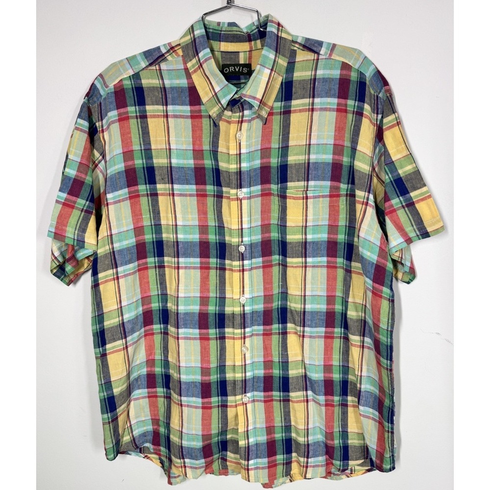 Orvis Mens 2XL 100% Linen Button Down Short Sleeve Shirt Size XXL Colorful Plaid